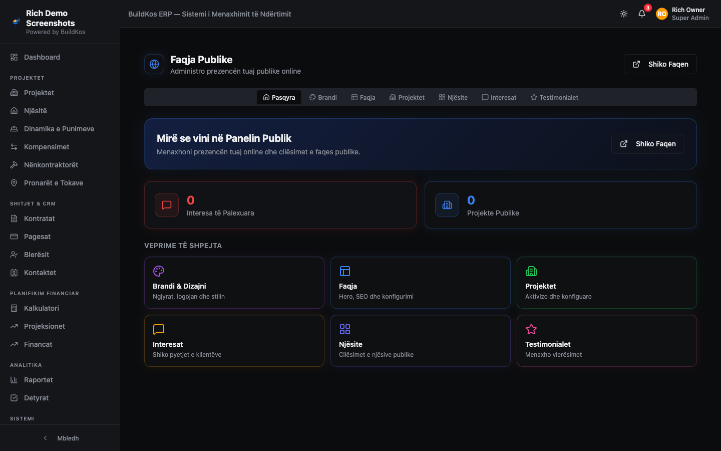 CMS-i i Faqes Publike brenda dashboard-it